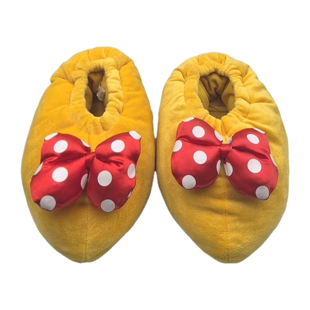 Disney Parks Yellow Minnie Mouse Plush Slippers Adult Medium Red Satin Bow